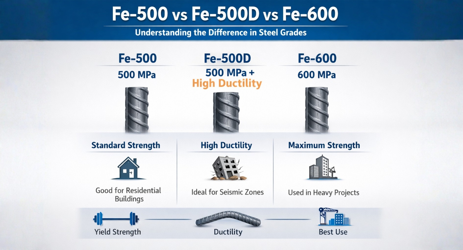 Read more about the article Fe-500 vs Fe-500D vs Fe-600: Understanding the Difference in Steel Grades