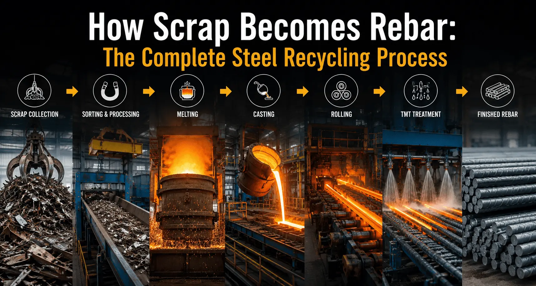 Read more about the article How Scrap Becomes Rebar: The Complete Steel Recycling Process